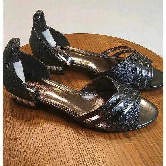 Dunion CZXR Sandals Size 10 Faux Pearl inserts 1" heels open toe Sparkle Black - Picture 1 of 9